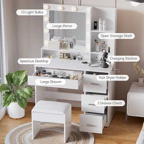 YESHOMY Vanity Desk with Mirror, Power Outlet and 10 Lights, Makeup Table with 4 Drawers, 3 Color Modes Available for Bedroom, White, 39.3x17.7x58.8 inch thumbnail 5