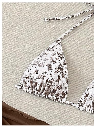 SHENHE Women's 3 Piece Floral Bikini Set with Wrap Coverup Halter Triangle Swimsuits - Medium - Dark Brown thumbnail 3