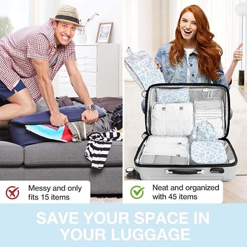 8 Set Packing Cubes for Suitcases,Packing Cube with Shoe, Cosmetics, Clothing, and Accessories Bags Packing Cubes for Travel Luggage Organizer Women Men(Blue Flowers) thumbnail 7