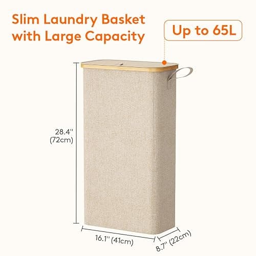 Lifewit 65L Slim Laundry Basket, Laundry Hamper with Lid, Narrow Laundry Bin with Removable Bag & Bamboo Handles, Fodable Thin Dirty Clothes Hamper for Bathroom Bedroom Dorm, Beige - Beige - 65L thumbnail 3