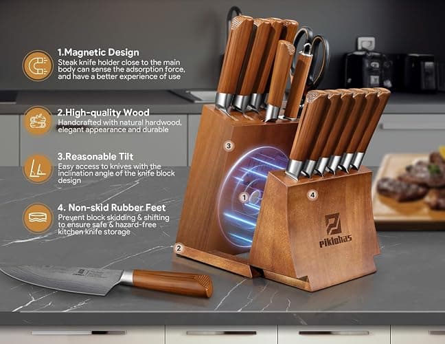 Kitchen Knife Sets With Block, Piklohas 15 Pieces Knife Sets With Magnetic Detachable Knife Holder, High Carbon Steel Damascus Pattern Chef Knife Set With Steak Knives, Ideal For House Warming Gift thumbnail 3