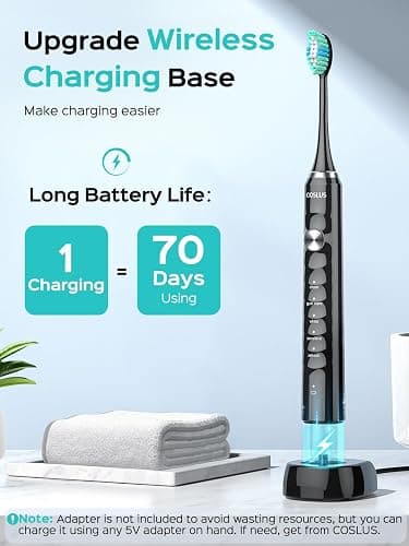COSLUS Sonic Electric Toothbrush for Adults: 47000 VPM for Deep Cleaning & Whitening with Travel Case - 5 Modes for Sensitive Teeth & Braces, Wireless Charging, 6 Brush Heads for Home Family, Black thumbnail 5
