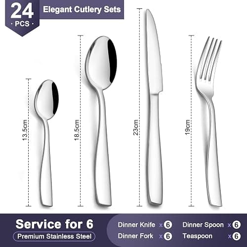 24 Piece Cutlery Set, Homikit Stainless Steel Flatware Silverware Sets Include Knives Forks Spoons, Service for 6 People, Ideal for Home Camping Kitchen, Mirror Finished & Dishwasher Safe thumbnail 2