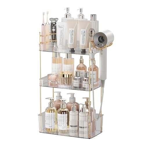 Akinbas 3 Tier Bathroom Organizer Countertop Makeup Perfume Tray Skincare Organizer Comes with Hair Dryer Rack and Toothbrush Holder for Bathroom Dresser Vanity (White) - Image 1