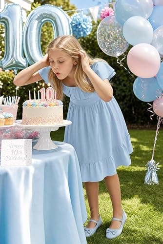 DOKOTOO KIDS Girls Summer Short Sleeve Tie Back Dress Size 4-15 Years Old | Low Elastic Fabric, Ruffles, One Shoulder, Off Shoulders, Hollow out, Smocked Waist, Lined, Wedding Party Dress thumbnail 5