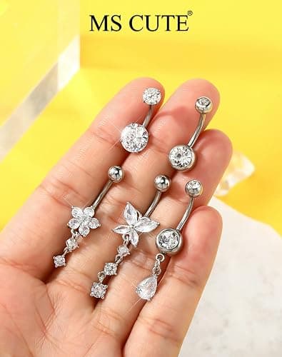 MS CUTE 5PCS Belly Button Rings for Women 14G Dangle Navel Piercing Jewelry Set Surgical Stainless Steel Body Jewelry with CZ Butterfly Flower Teardrop Barbell for Beach Festival Daily thumbnail 7