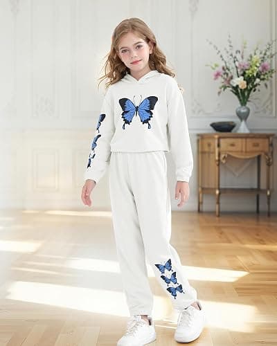YOURUIKEY Girls' Clothing Set Butterfly Print Crop Top Hoodies Sweatpants 2 Piece Outfits Kids Sweatsuit Tracksuit Jogger Set thumbnail 3