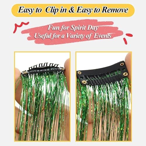 OSUNTRESS Green Hair Tinsel Clip In Accessories for Women 480 Strands 6Pcs | 20-22 Inch Fairy Clip On Hair Tinsel Kit Glitter Heat Resistant Straight Colored Extensions for USA Girl Festival Party Beach thumbnail 4