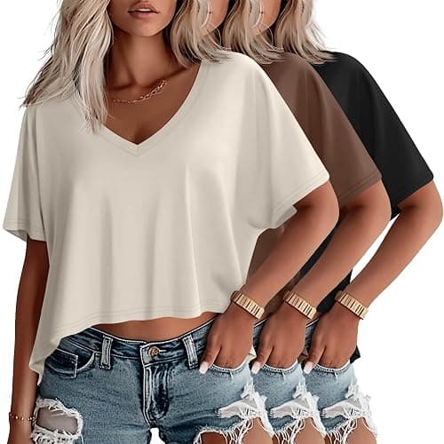 Huukeay 3 Pack Oversized T Shirts for Women Short Sleeve Crop Tops V Neck Irregular Hem Baggy Cropped Tees - Image 1