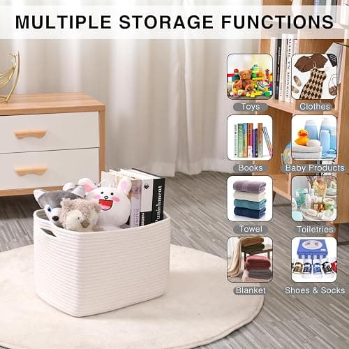 ICERZCZ Storage Baskets for Organizing Shelves, Woven Cotton Rope Bins for Baby Nursery Organization, Book Toy Towel Organizer, 15"x11"x9.5", 3 Packs, Off White thumbnail 4