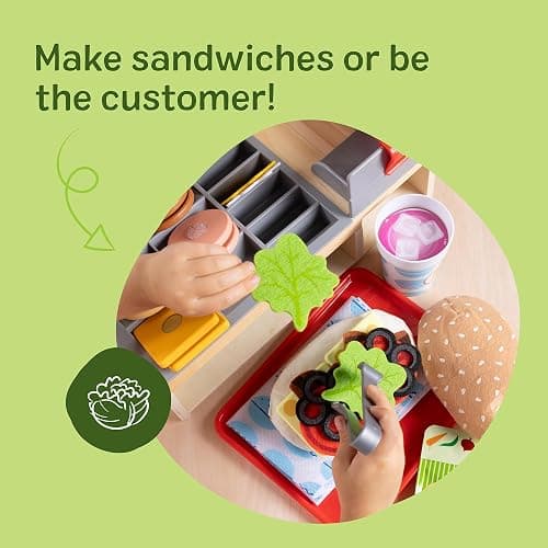 Melissa & Doug Slice-Stack-Serve, Wooden Sandwich Counter Pretend Play Store with Play Food Toys, Play Money & Deli Slicer, Preschool Toys for Kids 3+ thumbnail 3