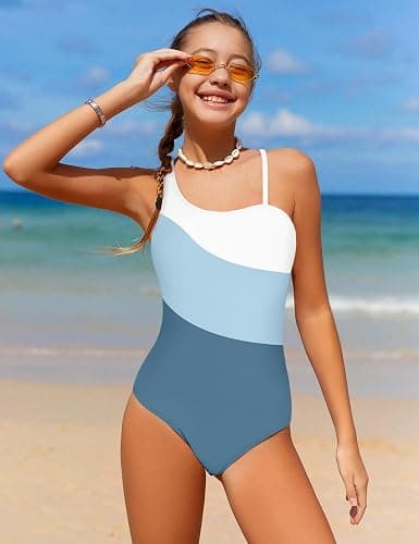 CRISONE Girl's One Piece Swimsuits Color Block Cutout One Shoulder Bathing Suit with Mesh Cover Up 1 Piece Swimsuit Swimwear thumbnail 2