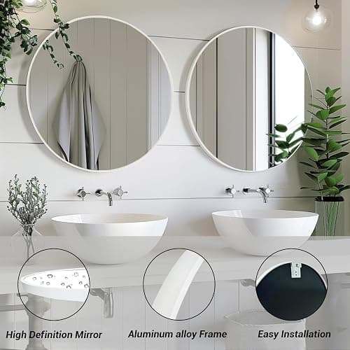 Sunniry White Round Mirror, 24 inch Circle Mirror, Matte White Metal Frame | High Definition Mirror, Waterproof, Sturdy, Circle Mirror for Bathroom, Bedroom, Entryway, Living Room, Wall Décor thumbnail 2