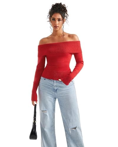 SUUKSESS Women Off Shoulder Sweaters Long Sleeve Ribbed Knit Going Out Fall Tops Blouse thumbnail 5