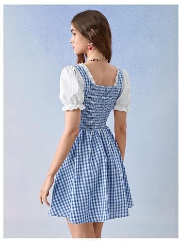WDIRARA Women's Vintage Cottagecore Gingham Dresses Puff Sleeve Lace Up Corset Flared Dress thumbnail 3
