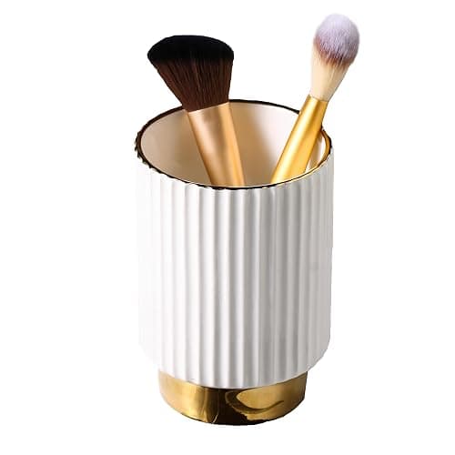 IEEK Makeup Brush holder Organizer,Glass Cosmetic Makeup Brush Cup Ceramics Brushes Storage Holder,White and Gold Modern Make Up Brush Cup Pen Pencil Holder Striped Vase - Image 1