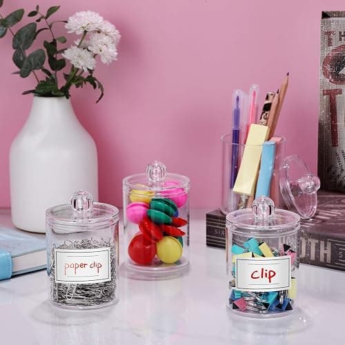 4 Pack Acrylic Qtip Holder Dispenser for Cotton Swabs, Balls, Pads, Floss Picks- Small Clear Acrylic Canister Apothecary Jar Set, Bathroom Essentials Accessories Decor, Vanity Makeup Storage Organizer thumbnail 6