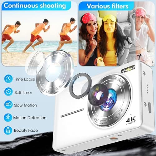 4K Digital Camera, 64MP Autofocus Vlogging Camera with Dual Lens, 16X Digital Zoom YouTube Compact Travel Point Shoot Camera for Teens Beginner, Anti-Shake,2 Batteries, 32GB Card (White) thumbnail 6