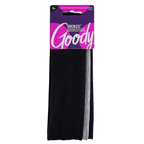 Goody Ouchless Comfort Head Wraps - 3 Ct, Black/Grey/Navy Blue, Soft & Stretchy Fabric Headbands for Women & Men, Secure Hold Yoga, Workout Headband, Versatile Hair Accessories for All-Day Wear - Image 1