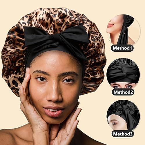 Silky Satin Hair Bonnet, Night Cap for Black Women Hair Care with Soft Strechy Tie Band - Jumbo Satin Sleep Cap(Leopard) thumbnail 3