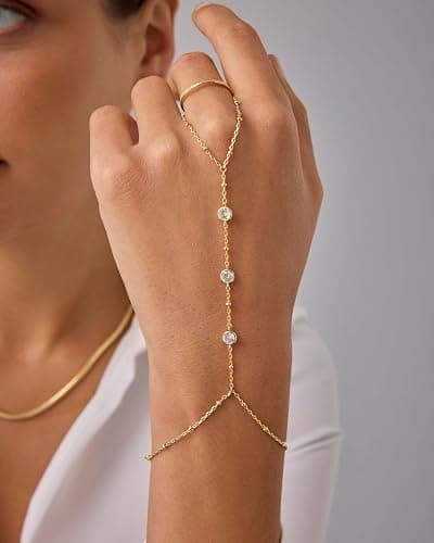 PAVOI 14K Gold Plated Hand Chains for Women - Adjustable Hand Chain Bracelet and Ring - Trendy Gold Handchain Bracelet Stack Summer Jewelry - Beads, Pearl, and Cubic Zirconia Body Jewelry thumbnail 2