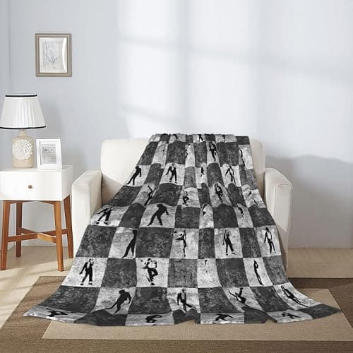 Black and White Checkered Hip Hop Dancer Throw Blanket, Funny Silhouette Dance Moves Pattern (80"x60") thumbnail 8