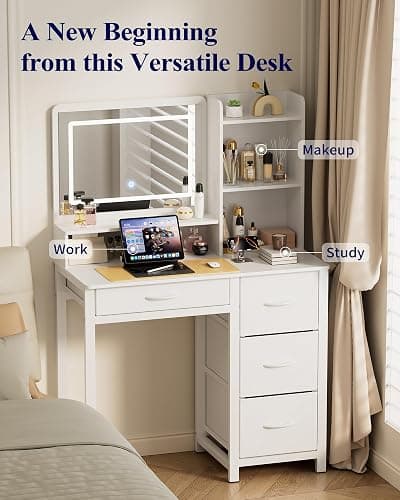 Kitsure Vanity Desk with Mirror and Lights - Large Capacity Makeup Vanity with 4 Fabric Storage Drawers & 3 Lighting Modes, Vanity Table Set with Sturdy Metal Frame for Bedroom, White, 35" x 17" x 52" thumbnail 6