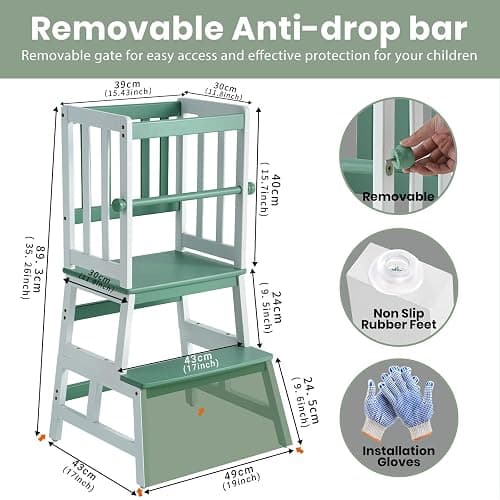 COSYLAND Kids Kitchen Step Stool, Toddler Standing Tower with CPC Certification, Removable Anti-Drop Railing Safety Rail, Anti-tip Stable Toddler Standing Tower - Green & White thumbnail 2