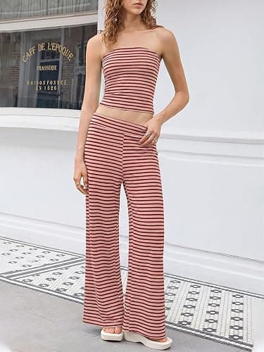Tankaneo Womens Striped 2 Piece Sets Summer Strapless Crop Tube Tops Wide Leg Pants Matching Lounge Set Vacation Outfits thumbnail 3