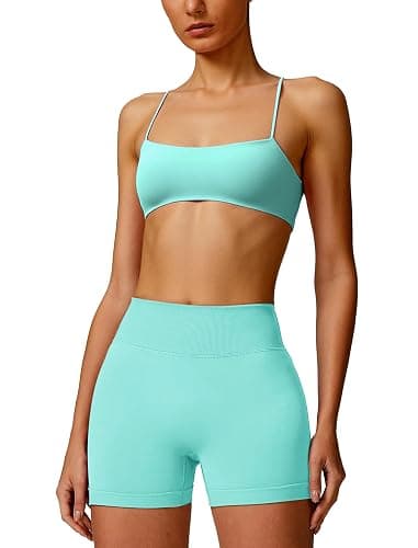 ABOCIW Workout Sets for Women Seamless Bandeau Strappy Sports Bra Scrunch Butt High Waist Biker Shorts Gym Set 2 Piece - Image 1