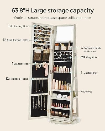 SONGMICS 360° Swivel Jewelry Cabinet, Lockable Jewelry Organizer with Full-Length Mirror, Rear Storage Shelves, Interior Mirror, Jewelry Armoire, Christmas Gifts, White with Gray Wood Grain UJJC006W01 thumbnail 5