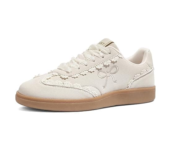LUCKY STEP Women's Lace Detail Sneakers Organza Ribbon | Casual Cute Shoes Lace-Up Gum Sole Vintage Trendy Fashion Tennis Shoes - Image 1