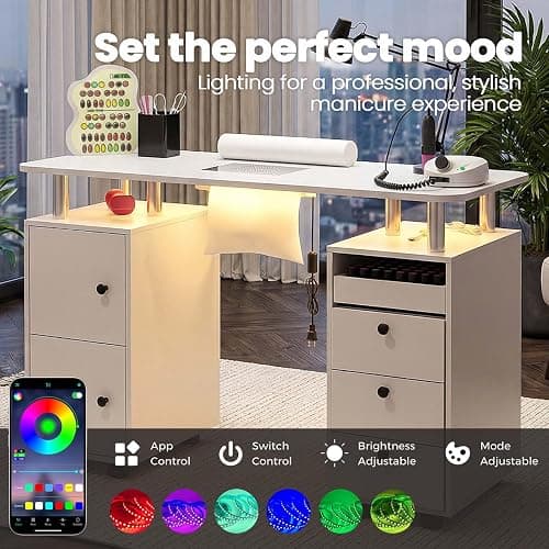 Oakvera Nail Tech Table with Dust Collector & LED Light, Rolling Manicure Desk with Storage Drawers & Cabinets, Lockable Wheels, Acetone-Resistant Beauty Workstation for Salon, Home (White) thumbnail 4