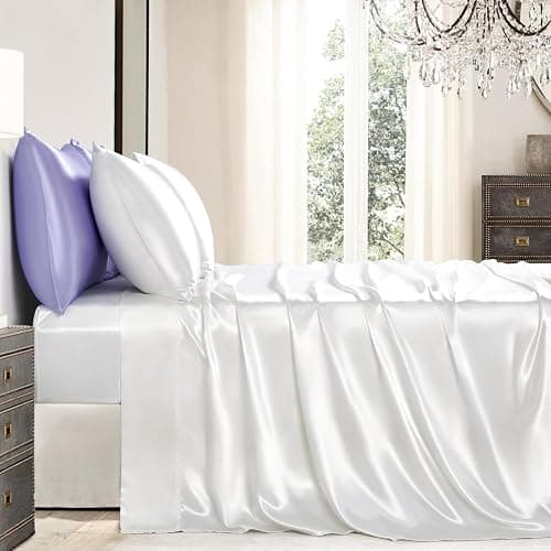 GOLAL Satin Sheets Queen Size - 4 Pieces Luxury Silky Soft Bed Sheets, Wrinkle-Free White Satin Silk Sheet Set with 1 Deep Pocket Fitted Sheet, 1 Flat Sheet, 2 Pillow Cases thumbnail 8