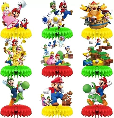 For Mario Birthday Party Supplies , 9Pcs Honeycomb Centerpieces for Mario Party Decorations, Double Sided Table Decorations Centerpieces Party . - Image 1