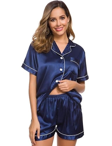 SWOMOG Womens Silk Satin Pajamas Set Short Sleeve Sleepwear Button Down Top and Shorts Loungewear 2 Piece Pjs Set XS-3XL thumbnail 2