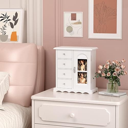 VINGLI Jewelry Box with Photo Frame, White Jewelry Organizer for Women, Arched Wooden Keepsake Case with 4 Drawers, Rotating Necklace Hooks & Velvet Lining, Vintage Gift for Girls Bedroom thumbnail 4