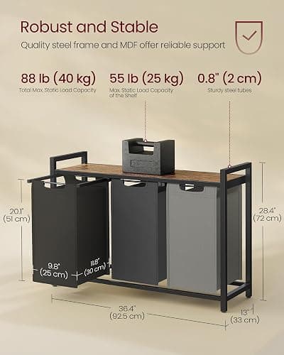 VASAGLE Laundry Hamper, Laundry Basket, Laundry Sorter with 3 Pull-Out and Removable Bags, Shelf, Metal Frame, 3 x 10.6 Gallons (40 L), 36.4 x 13 x 28.4 Inches, Tricolor and Rustic Brown UBLH301X01 - Tricolor + Rustic Brown - 120 L thumbnail 3