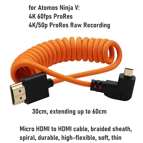HangTon Right Angle Micro-HDMI to HDMI 4K60 8K Raw Cable for ATOMOS Ninja V Ultra, Sony ZV-E10 A7C A7R4 A6700, Canon R6II R5C R10, Lumix S5 S9 G100, Fujifilm X-T50, Orange Braided Coiled 30cm thumbnail 2