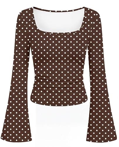 JUICICI Long Sleeve Shirts for Women 2026 Summer Crop Going Out Tops Casual Square Neck Bell Sleeve Ribbed Ruched Y2K Outfits thumbnail 3