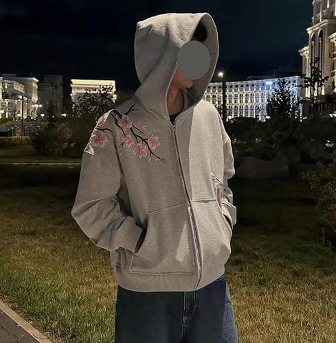 YELLOOP Y2k Cherry Blossom Zip Up Hoodie Women Men Fall Baggy Alt Embroidered Sweatshirt thumbnail 5