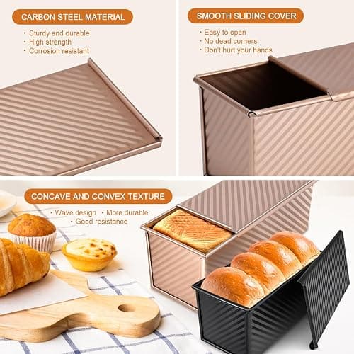 Dipanist 2Pack Pullman Loaf Pans with Lids – 2.2 LB & 1 LB Dough Capacity, Non-Stick Carbon Steel Bread Pans for Homemade Sandwich and Sourdough Bread, Corrugated Toast Mold thumbnail 5