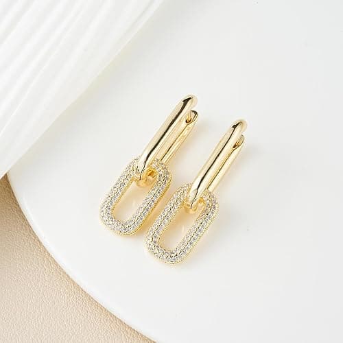 Austrian Crystals Paperclip Drop Earrings for Women 14K Gold Plated Double Huggie Dangle Earrings Hypoallergenic Sparkly Jewelry thumbnail 4