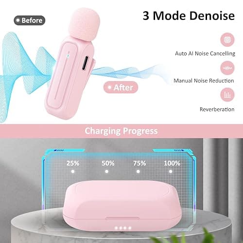 Ecomxia 2 Pack Wireless Lavalier Microphone for iPhone iPad Android with Charging Case - 7H Clip on Lapel Microphone Wireless for Video Recording Vlogging, YouTube, Interview, 3 Mode Denoise (Pink) thumbnail 3