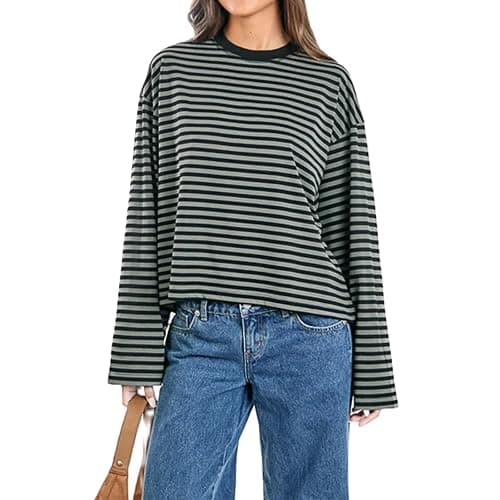 KOSUSANILL Women Oversized Striped Long Sleeve Shirt Crewneck Cropped Tops Drop Shoulder Y2K Preppy Sweatshirt Fall Clothes - Image 1