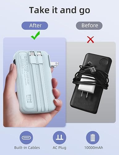 RORRY Portable Charger Built in Cables, AC Wall Plug in Portable Charger Power Bank 10000mAh Travel Battery Pack 22.5W Fast Charging for iPhone 17/16/15 Samsung Galaxy S24/S23/S22 Pixel LG iPad, Blue thumbnail 2