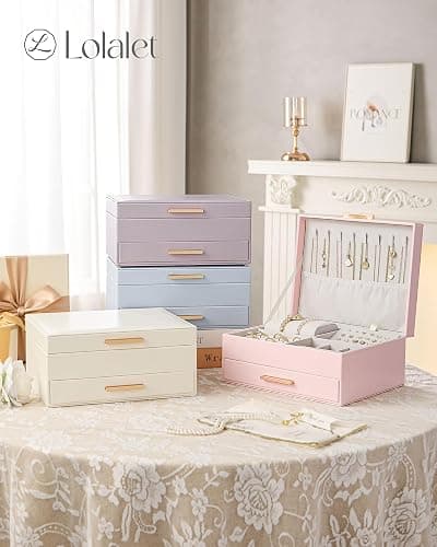Lolalet 2-Layer Jewelry Box Organizer for Women Girls, Jewelry Storage Case Holder with Drawers for Necklaces Ring Earrings Bracelet Watch, Gifts for Galentines Valentines Girlfriend Wife -Beige thumbnail 2