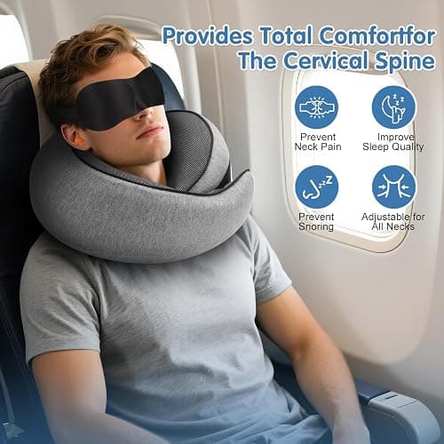 Ergonomic Travel Neck Pillow with Memory Foam Support – Comfortable Airplane Pillow for Adults, Portable Neck Cushion for Car, Office and Long Flights with Eye Mask, Earplug Holder and Carry Bag thumbnail 2