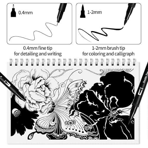 Surcotto Dual Brush Pen, 12 Feutres Noirs épais et fins,Double Pinceau Noir pour bullet journal, calligraphie, manga, croquis, livres de coloriage et lettrage à la main thumbnail 3