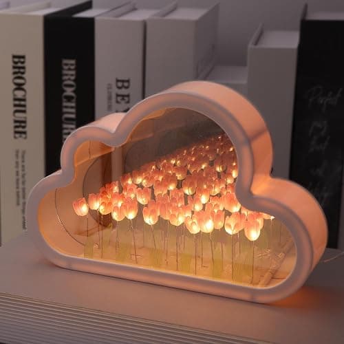 ITOWNKN Unique Tulip Lamp Cloud Night Light, Fully Assembled Infinity Flowers Mirror, USB Powered Home Decoration Table Lamp, Aesthetic Room Decor Gifts for Teen Girls Kids (Pink) - Image 1